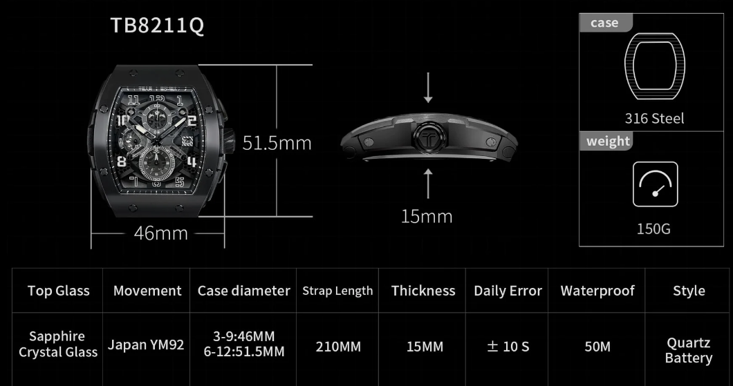 Tsar Bomba Quartz Waterproof Watch TB8211Q